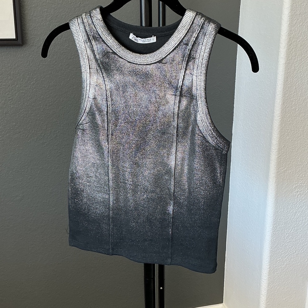 Zara Black & Silver Metallic Tank Top M